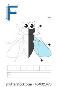 Vector exercise illustrated alphabet, kid gaming and education. Learn handwriting. Half trace game. Easy educational kid game. Tracing worksheet for letter F. Cute Fly.