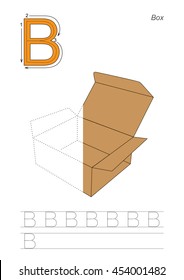 Vector exercise illustrated alphabet, kid gaming and education. Learn handwriting. Half trace game. Easy educational kid game. Tracing worksheet for letter B. The box.