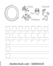 Vector exercise illustrated alphabet. Learn handwriting. Tracing worksheet for letter O. Page to be colored.