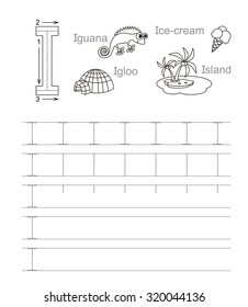 Vector exercise illustrated alphabet. Learn handwriting. Tracing worksheet for letter i. Page to be colored.