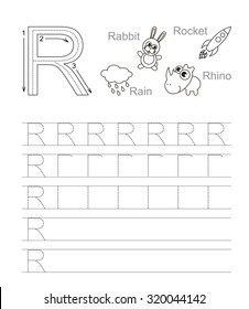 Vector exercise illustrated alphabet. Learn handwriting. Tracing worksheet for letter R. Page to be colored.