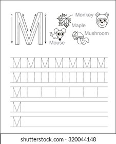 Vector exercise illustrated alphabet. Learn handwriting. Tracing worksheet for letter M. Page to be colored.