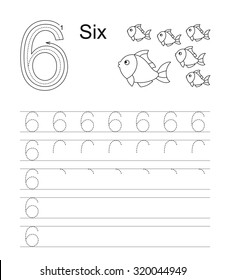 Vector exercise illustrated alphabet. Learn handwriting. Tracing worksheet for figure 6, six