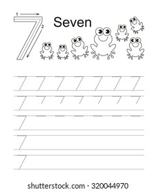 Vector exercise illustrated alphabet. Learn handwriting. Tracing worksheet for figure 7, seven