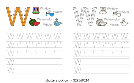 Vector exercise illustrated alphabet. Learn handwriting. Tracing worksheet for letter W.  Page to be colored.