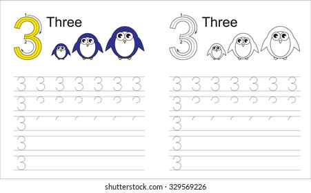 Vector exercise illustrated alphabet. Learn handwriting. Tracing worksheet for figure 3.