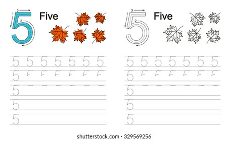 Vector exercise illustrated alphabet. Learn handwriting. Tracing worksheet for figure 5.