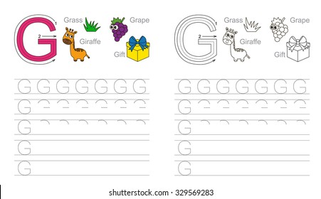 Vector exercise illustrated alphabet. Learn handwriting. Tracing worksheet for letter G.  Page to be colored.