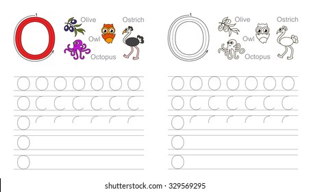 Vector exercise illustrated alphabet. Learn handwriting. Tracing worksheet for letter O.  Page to be colored.