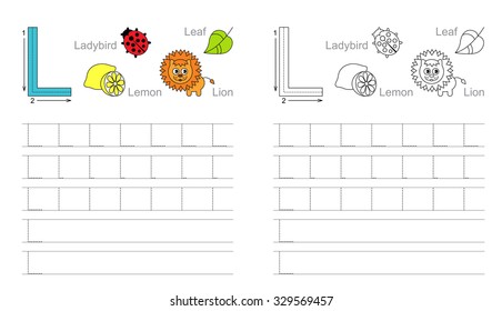 Vector exercise illustrated alphabet. Learn handwriting. Tracing worksheet for letter L.  Page to be colored.