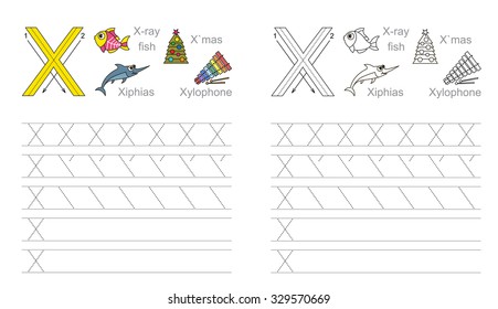 Vector exercise illustrated alphabet. Learn handwriting. Tracing worksheet for letter X.  Page to be colored.