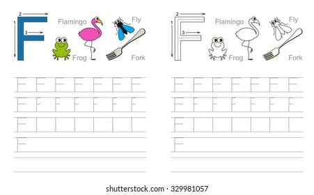 Vector exercise illustrated alphabet. Learn handwriting. Tracing worksheet for letter F. Page to be colored.