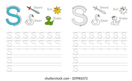Vector exercise illustrated alphabet. Learn handwriting. Tracing worksheet for letter S. Page to be colored.