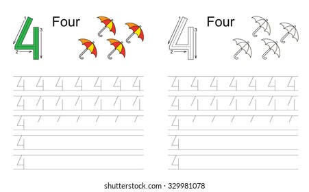 Vector exercise illustrated alphabet. Learn handwriting. Tracing worksheet for figure four.