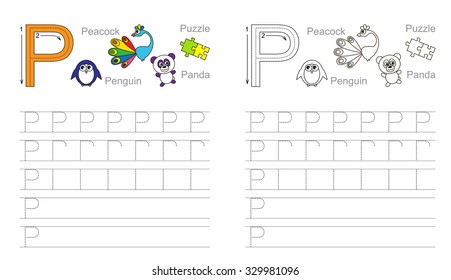 Vector exercise illustrated alphabet. Learn handwriting. Tracing worksheet for letter P. Page to be colored.