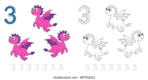 Vector exercise illustrated alphabet. Learn handwriting. Page to be colored. Tracing worksheet for figure Three