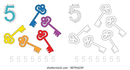 Vector exercise illustrated alphabet. Learn handwriting. Page to be colored. Tracing worksheet for figure Five