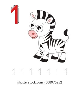Vector exercise illustrated alphabet. Learn handwriting. Tracing worksheet for figure One