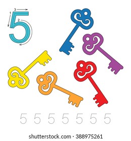 Vector exercise illustrated alphabet. Learn handwriting.  Tracing worksheet for figure Five