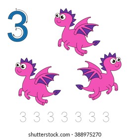 Vector exercise illustrated alphabet. Learn handwriting. Tracing worksheet for figure Three