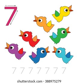 Vector exercise illustrated alphabet. Learn handwriting.  Tracing worksheet for figure Seven