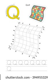 Vector exercise illustrated alphabet. Learn handwriting. Connect dots by numbers. Tracing worksheet for letter Q