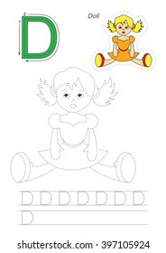 Vector exercise illustrated alphabet. Learn handwriting. Page to be traced. Complete english alphabet. Tracing worksheet for letter D