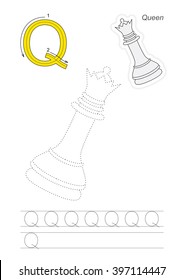 Vector exercise illustrated alphabet. Learn handwriting. Page to be traced. Complete english alphabet. Tracing worksheet for letter Q