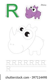Vector exercise illustrated alphabet. Learn handwriting. Page to be traced. Complete english alphabet. Tracing worksheet for letter R