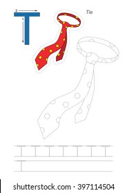 Vector exercise illustrated alphabet. Learn handwriting. Page to be traced. Complete english alphabet. Tracing worksheet for letter T