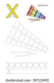 Vector exercise illustrated alphabet. Learn handwriting. Page to be traced. Complete english alphabet. Tracing worksheet for letter X