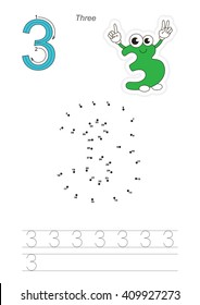 Vector exercise illustrated alphabet. Learn handwriting. Connect dots by numbers. Tracing worksheet for figure Three