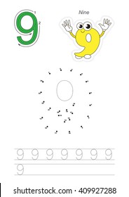 Vector exercise illustrated alphabet. Learn handwriting. Connect dots by numbers. Tracing worksheet for figure Nine