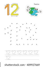 Vector exercise illustrated alphabet. Learn handwriting. Connect dots by numbers. Tracing worksheet for figure Twelve