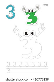 Vector exercise illustrated alphabet. Learn handwriting. Page to be traced. Complete english alphabet. Tracing worksheet for figure Three