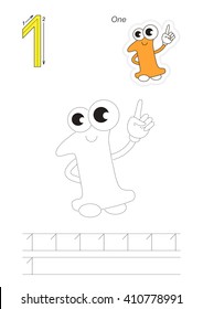 Vector exercise illustrated alphabet. Learn handwriting. Page to be traced. Complete english alphabet. Tracing worksheet for figure One. Figures and fingers.