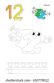 Vector exercise illustrated alphabet. Learn handwriting. Page to be traced. Complete english alphabet. Tracing worksheet for figure Twelve
