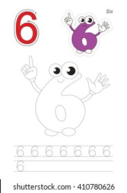 Vector exercise illustrated alphabet. Learn handwriting. Page to be traced. Complete english alphabet. Tracing worksheet for figure Six
