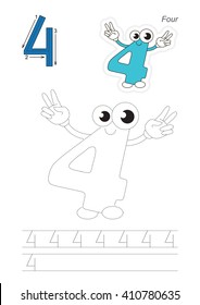 Vector exercise illustrated alphabet. Learn handwriting. Page to be traced. Complete english alphabet. Tracing worksheet for figure Four