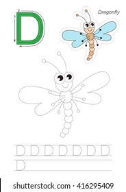 Vector exercise illustrated alphabet. Learn handwriting. Gaming and education. Page to be traced. Kid game. Complete english alphabet. Tracing worksheet for letter D. Dragonfly.