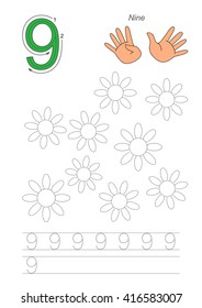 Vector exercise illustrated alphabet. Learn handwriting. Page to be traced. Complete english alphabet. Tracing worksheet for figure Nine