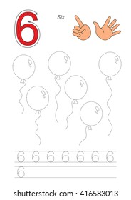 Vector exercise illustrated alphabet. Learn handwriting. Page to be traced. Complete english alphabet. Tracing worksheet for figure Six