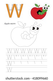 Vector exercise illustrated alphabet. Learn handwriting. Gaming and education. Page to be traced. Kid game. Complete english alphabet. Tracing worksheet for letter W. The apple worm.