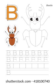 Vector exercise illustrated alphabet. Learn handwriting. Gaming and education. Page to be traced. Kid game. Complete english alphabet. Tracing worksheet for letter B. The bug.