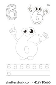 Vector exercise illustrated alphabet. Learn handwriting. Page to be traced. Complete english alphabet. Tracing worksheet for figure Six