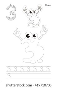 Vector exercise illustrated alphabet. Learn handwriting. Page to be traced. Complete english alphabet. Tracing worksheet for figure Three