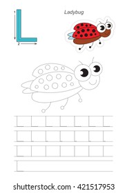 Vector exercise illustrated alphabet. Learn handwriting. Gaming and education. Page to be traced. Kid game. Complete english alphabet. Tracing worksheet for letter L. Cute Ladybug.