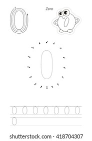 Vector exercise illustrated figures. Learn handwriting. Connect dots by numbers. Tracing worksheet for figure 0. The colorless version.