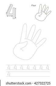 Vector exercise illustrated figures. Learn handwriting. Educational game for kids. Page to be traced. Gaming and education. From zero to twelve. Figures and fingers. Tracing worksheet for figure Four.