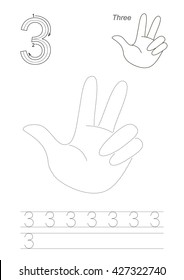 Vector exercise illustrated figures. Learn handwriting. Educational game for kids. Page to be traced. Gaming and education. From zero to twelve. Figures and fingers. Tracing worksheet for Three.